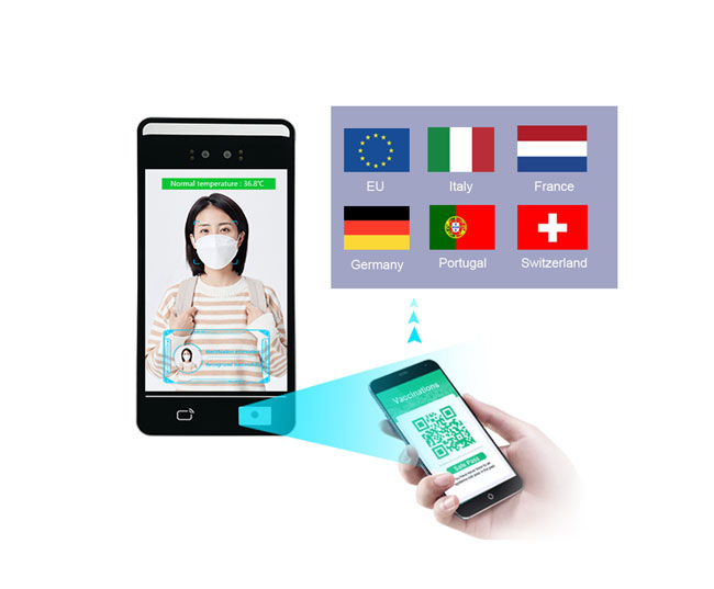 F2-AH Código QR del pase verde de la UE en el escáner de pasaporte de vacunas con reconocimiento facial
