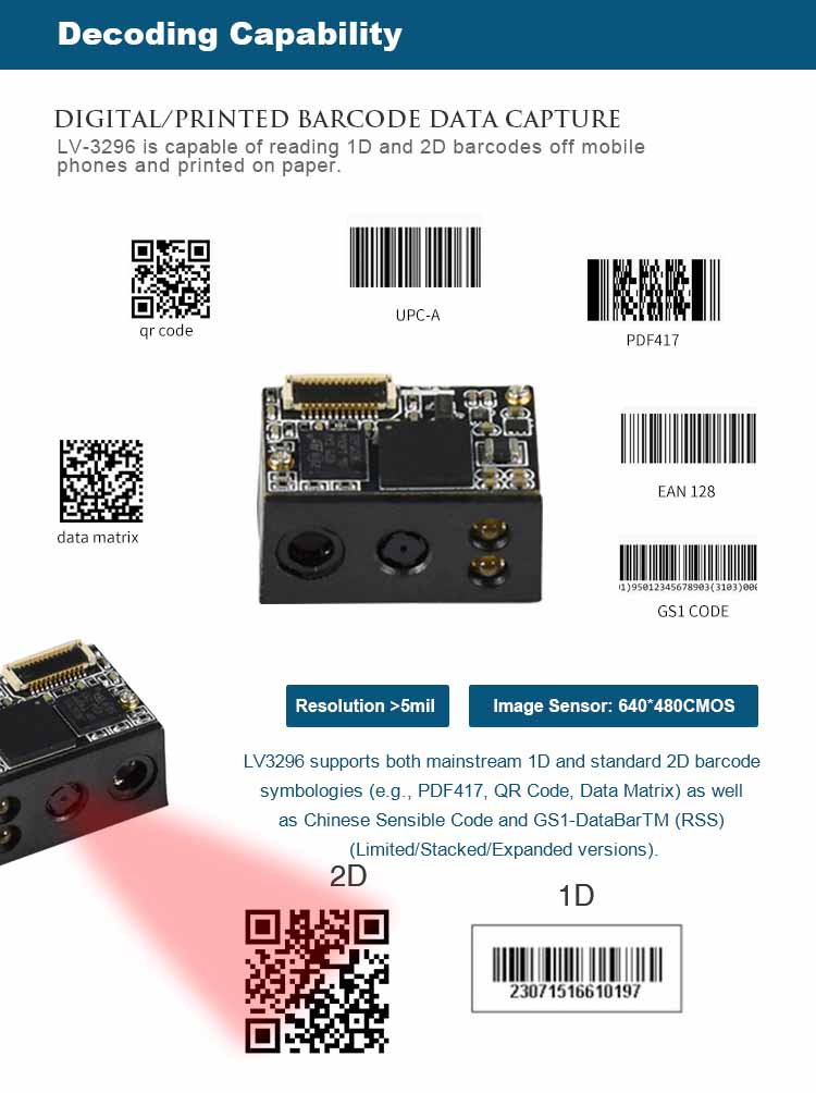 LV3296 Motor de Escaneo OEM Módulo de Escáner de Código QR 2D Para Android PDA