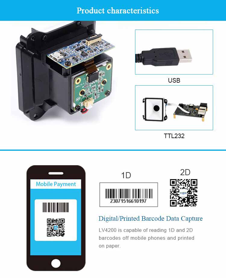 LV4200 Escáner de Código de Barras Motor de Escaneo OEM 2D para Dispositivos de Bloqueo de Puerta